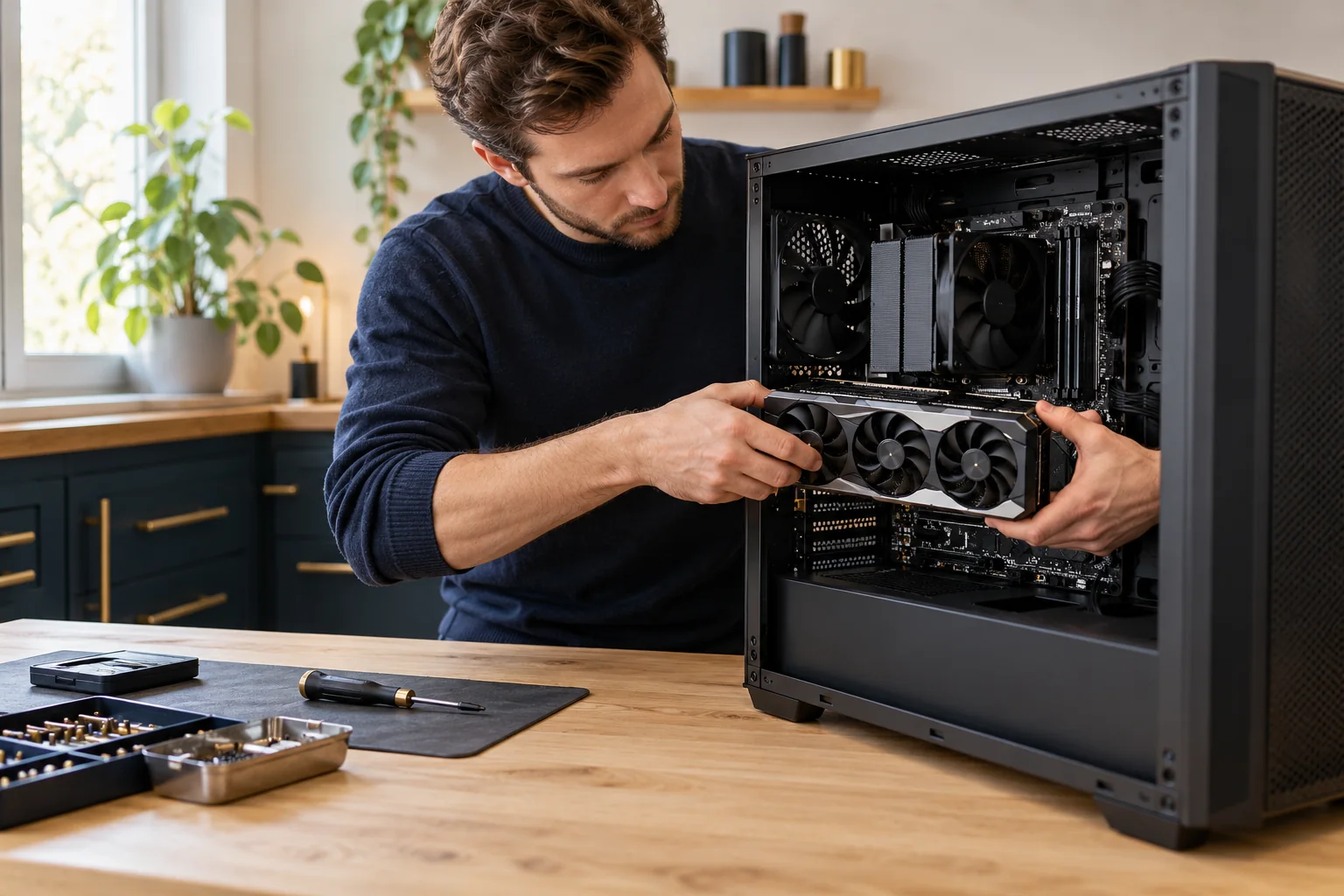 Grafische kaart plaatsen tijdens de assemblage van een desktopcomputer